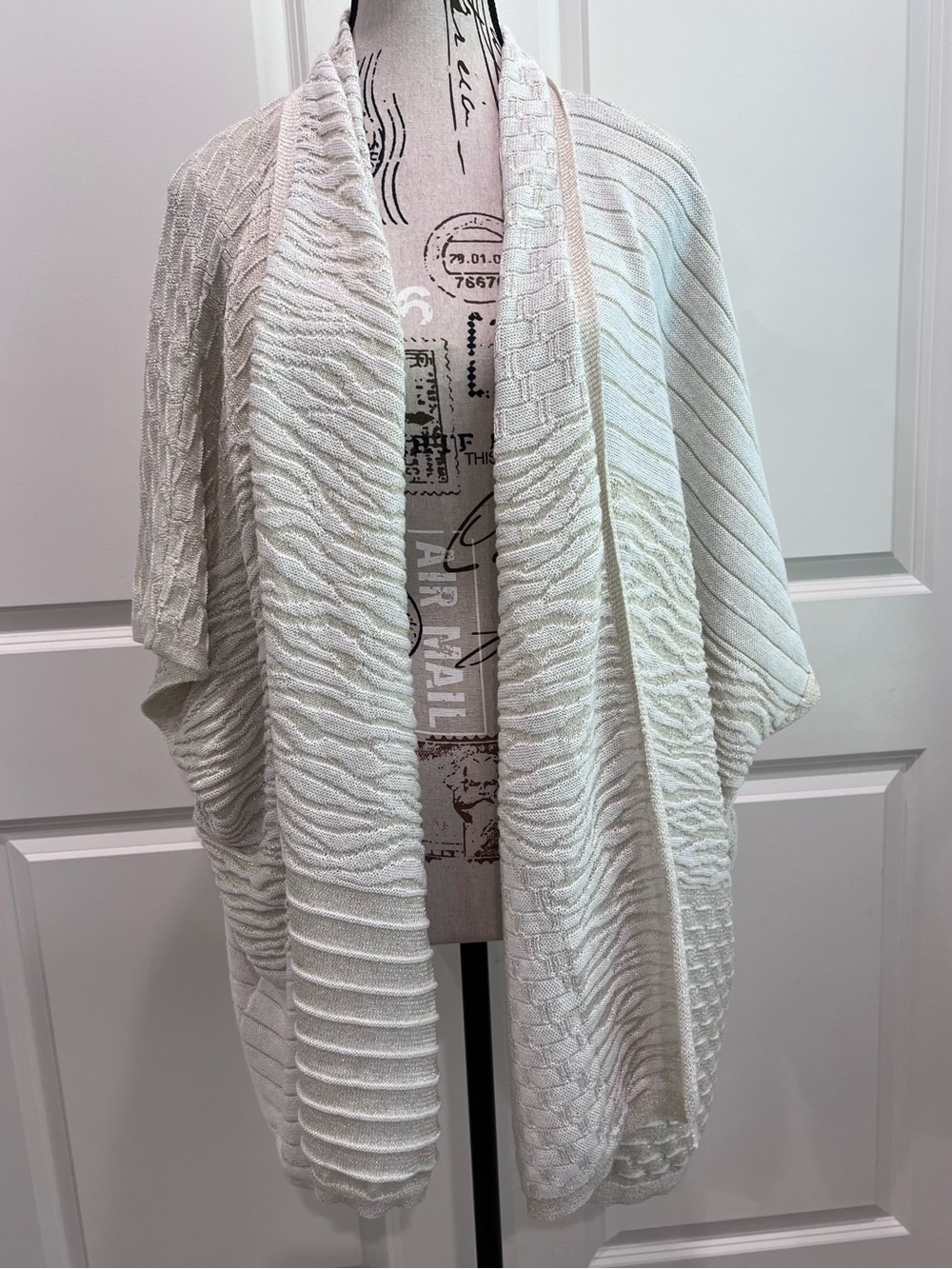 Worthington Cream Metallic Open-Front Textured Knit Cardigan, Large
